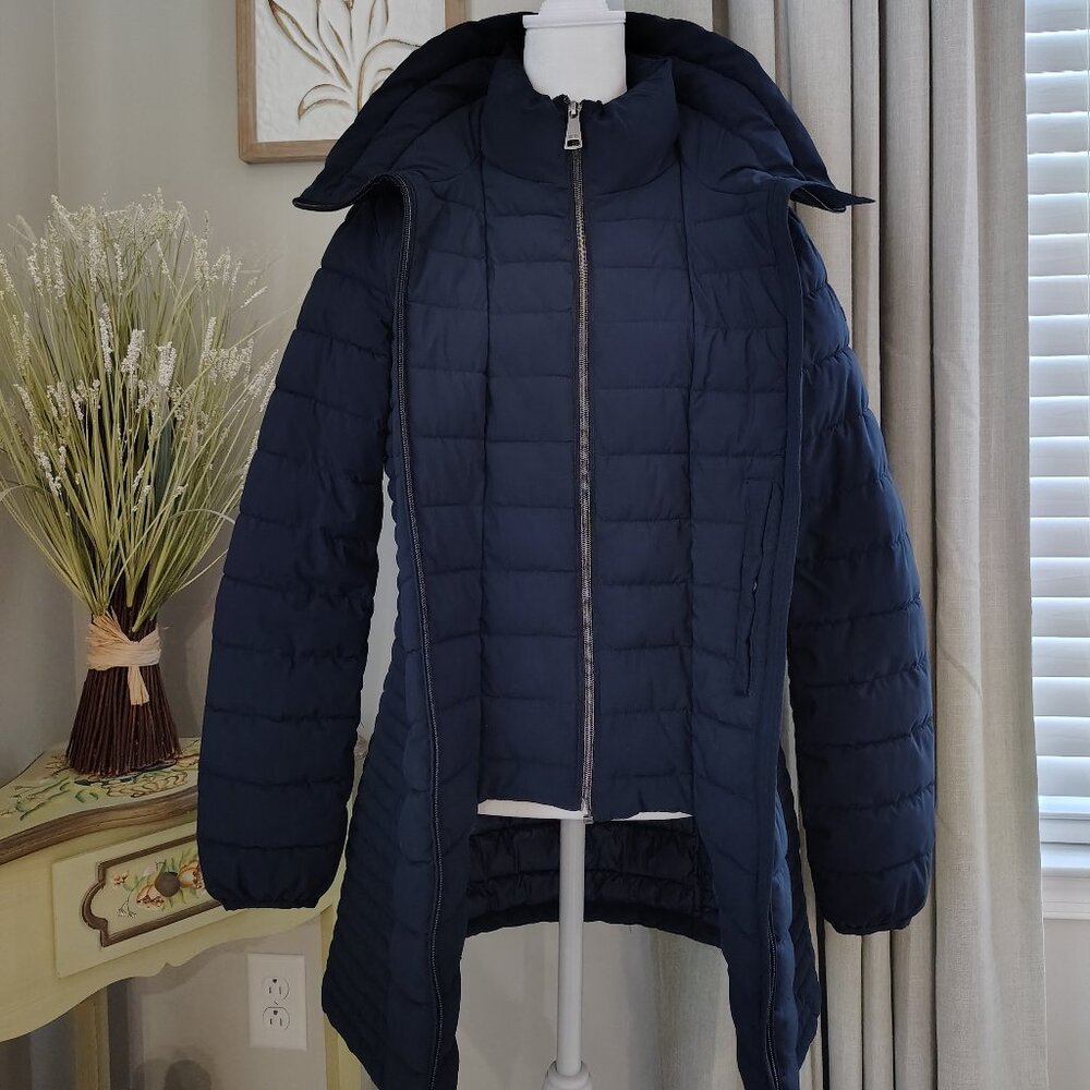 DKNY Jacket Navy Blue - Attached Hood - Attached Inner Vest with Zipper - Small